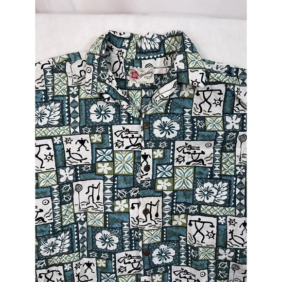 Hilo Hattie Hawaiian Shirt Mens Large Flowers Geometric Cave Style Stick Figure - Picture 4 of 16